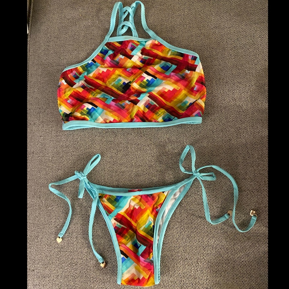Two piece multi- colored bikini with a design back